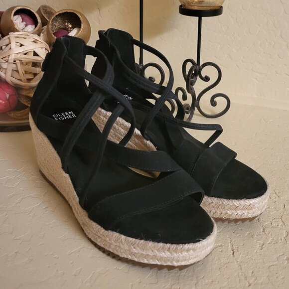 Eileen Fisher Sandals 8.5 Wedge Espadrilles Black Faux Suede Casual Comfort NWOB - Picture 4 of 10